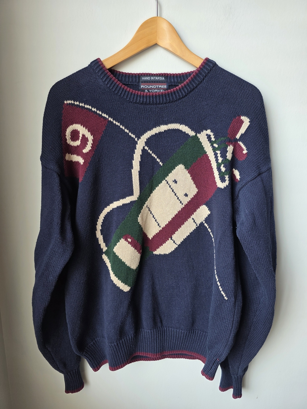Roundtree & Yorke Golf Sweater Men’s M Navy 100% Cotton Hand Intarsia